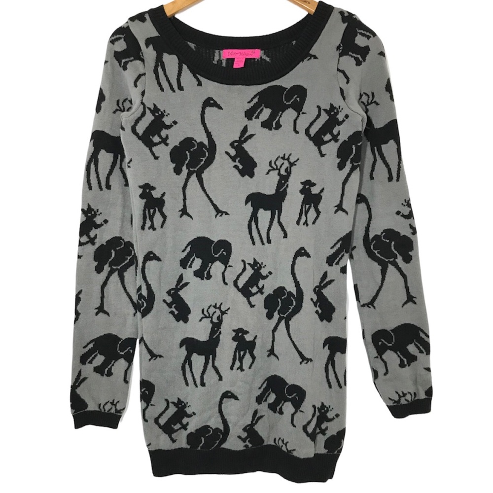 Vintage Betsey Johnson Sweater Dress Zoo Animal S Small Intarsia Knit Black